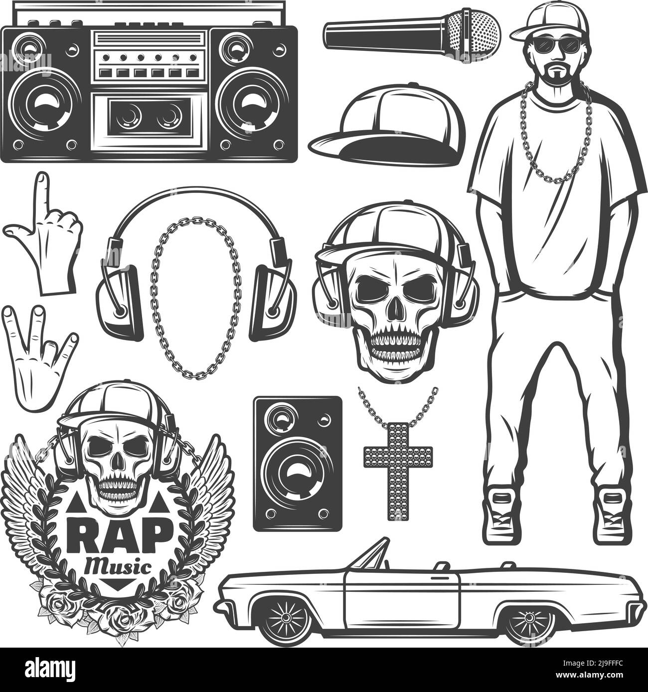 Vintage Rap Musik Elemente Kollektion mit Rapper Boombox Mikrofon Kappe Kette Halskette Lautsprecher Auto Schädel Label Kopfhörer isoliert Vektor illustrr Stock Vektor