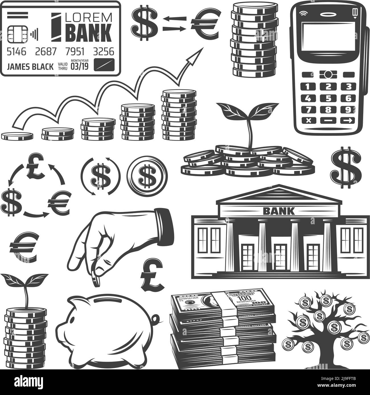 Vintage-Investment-Elemente mit Banknoten stapelt Bankkarten gesetzt Mobile Münzen Geld Baum Sparschwein isoliert Vektor Illustration Stock Vektor