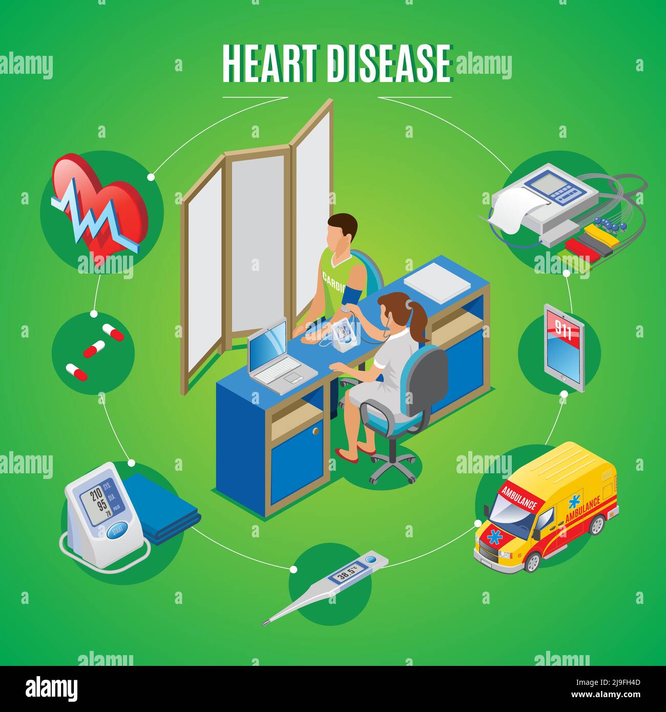 Isometrisches Herz Gesundheit Monitoring-Konzept mit Patienten besucht Arzt Pillen Tonometer elektronische Thermometer Krankenwagen Notruf Vektor illustrati Stock Vektor