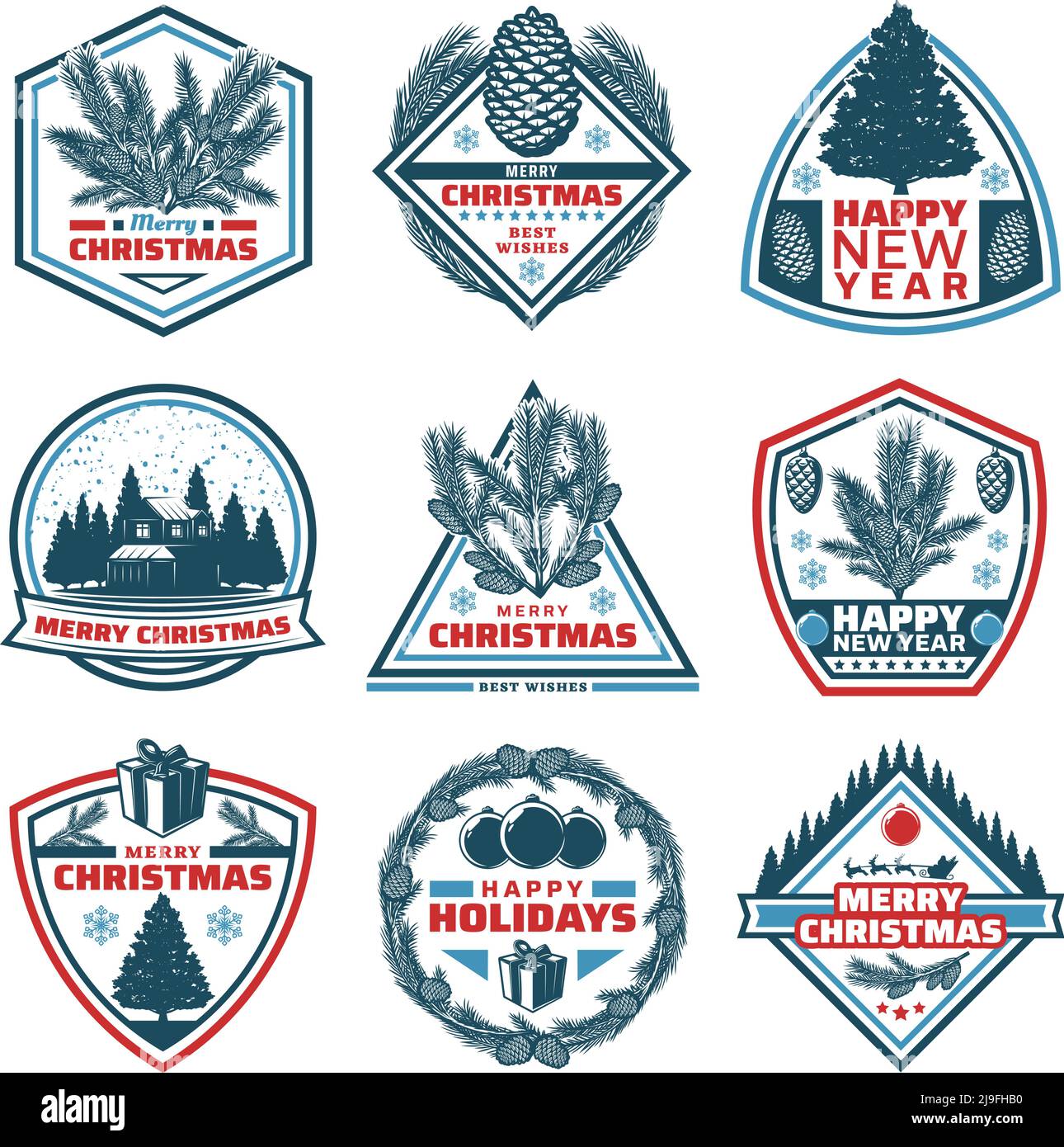 Vintage Merry Christmas Embleme mit Inschriften Nadelbäume Zweige gesetzt Cones Wald Haus präsentiert Kugeln isoliert Vektor Illustration Stock Vektor