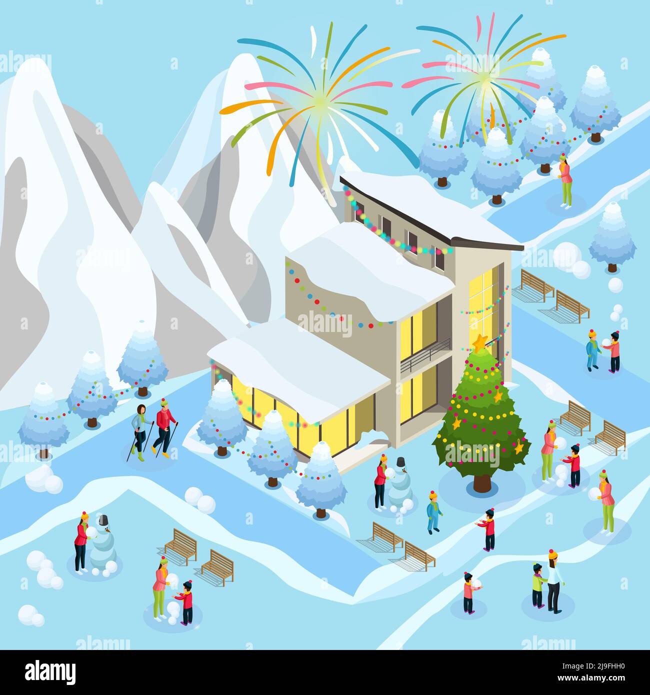Isometrische Weihnachtsfeier Konzept mit Feuerwerk Wintersport Familie Kinder Herstellung Schneemann in der Nähe dekorierten Baum und Haus Vektor Illustration Stock Vektor