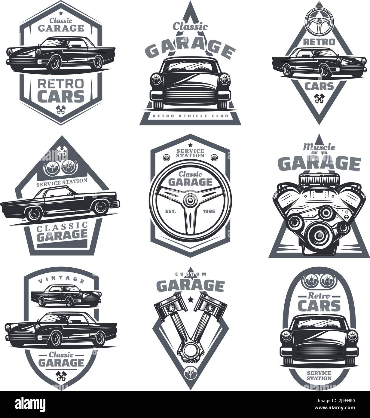 Retro Fahrzeug Club Embleme mit klassischen Autos Lenkrad gesetzt Motorkolben im Vintage-Stil isoliert Vektor-Illustration Stock Vektor