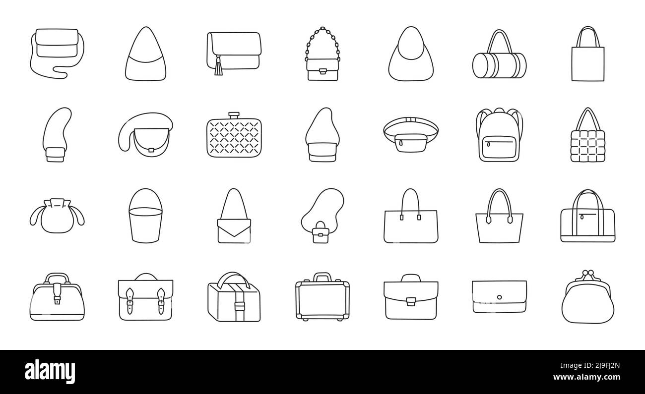 Illustration für Frauen-Taschen einschließlich Ikonen - Geldbörse, Handtasche, Mode Clutch, Business Aktentasche, Rucksack, Lederkoffer, Postback, Shopper. Dünne Linie Stock Vektor
