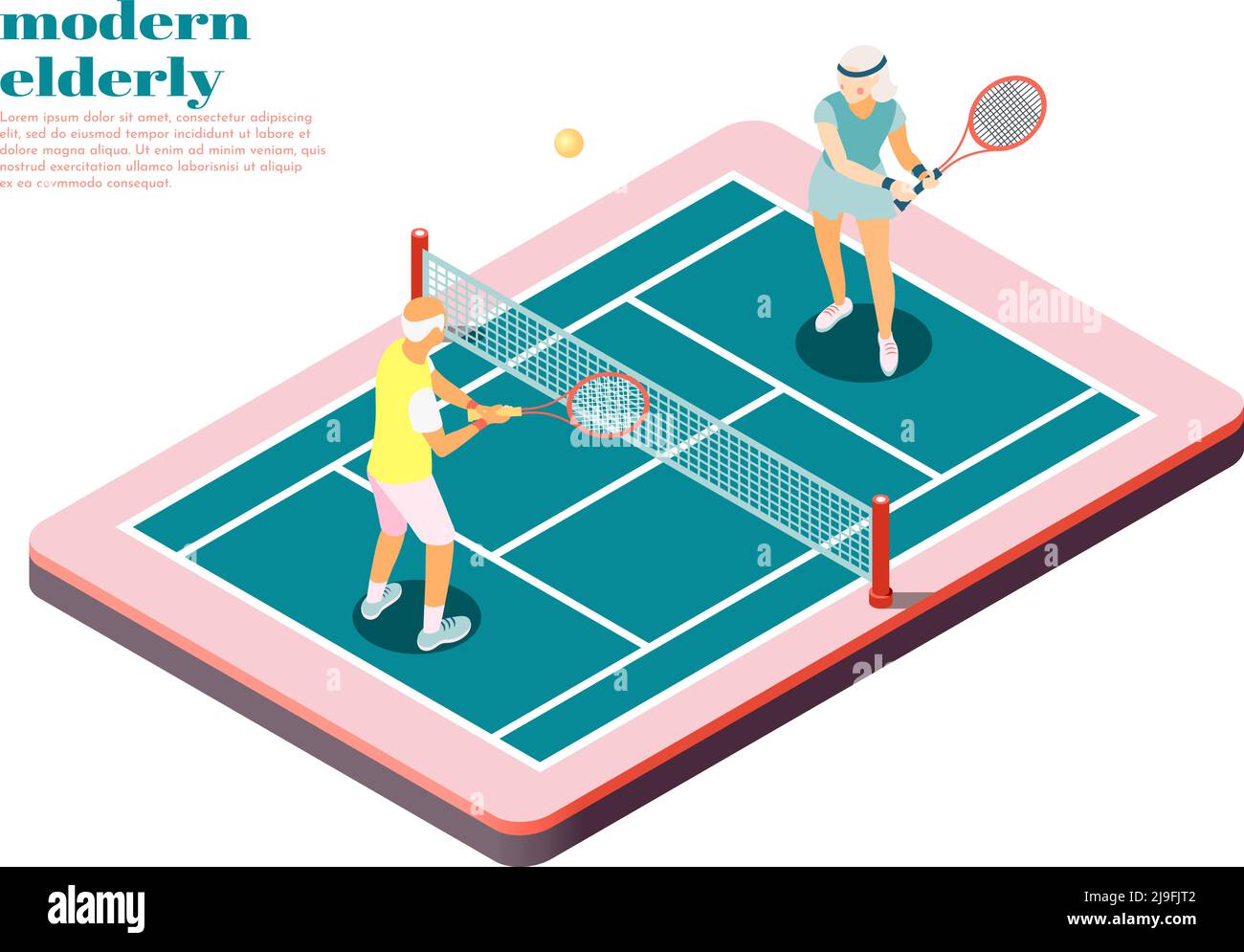 Moderne ältere Menschen isometrische Zusammensetzung mit männlichen und weiblichen Personen Spielen Tennis auf dem Platz Vektor-Illustration Stock Vektor