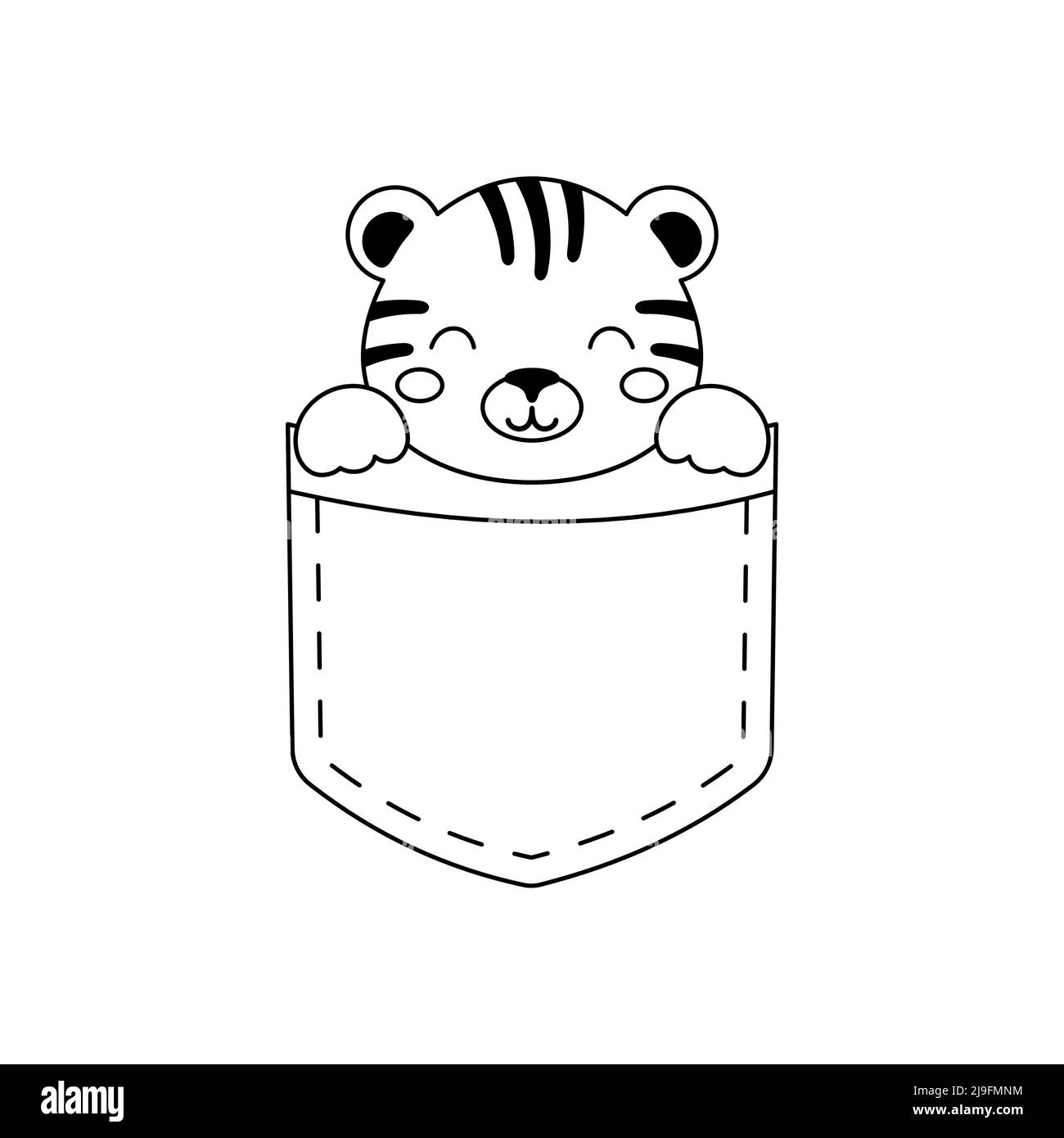 Niedlicher Tiger sitzt in der Tasche. Tiergesicht im skandinavischen Stil für Kinder-T-Shirts, Kleidung, Baumschuldekoration, Grußkarten, Einladungen, Poster, Hous Stock Vektor