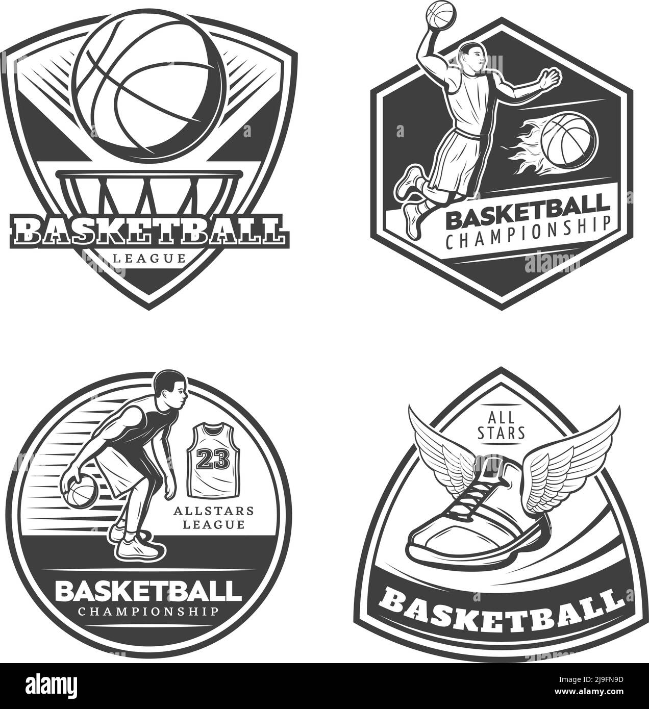 Vintage Basketball Embleme mit Spielern Dribbling Slam Dunk Ball gesetzt In Reifen und Sneaker mit Flügeln isoliert Vektor Illustration Stock Vektor