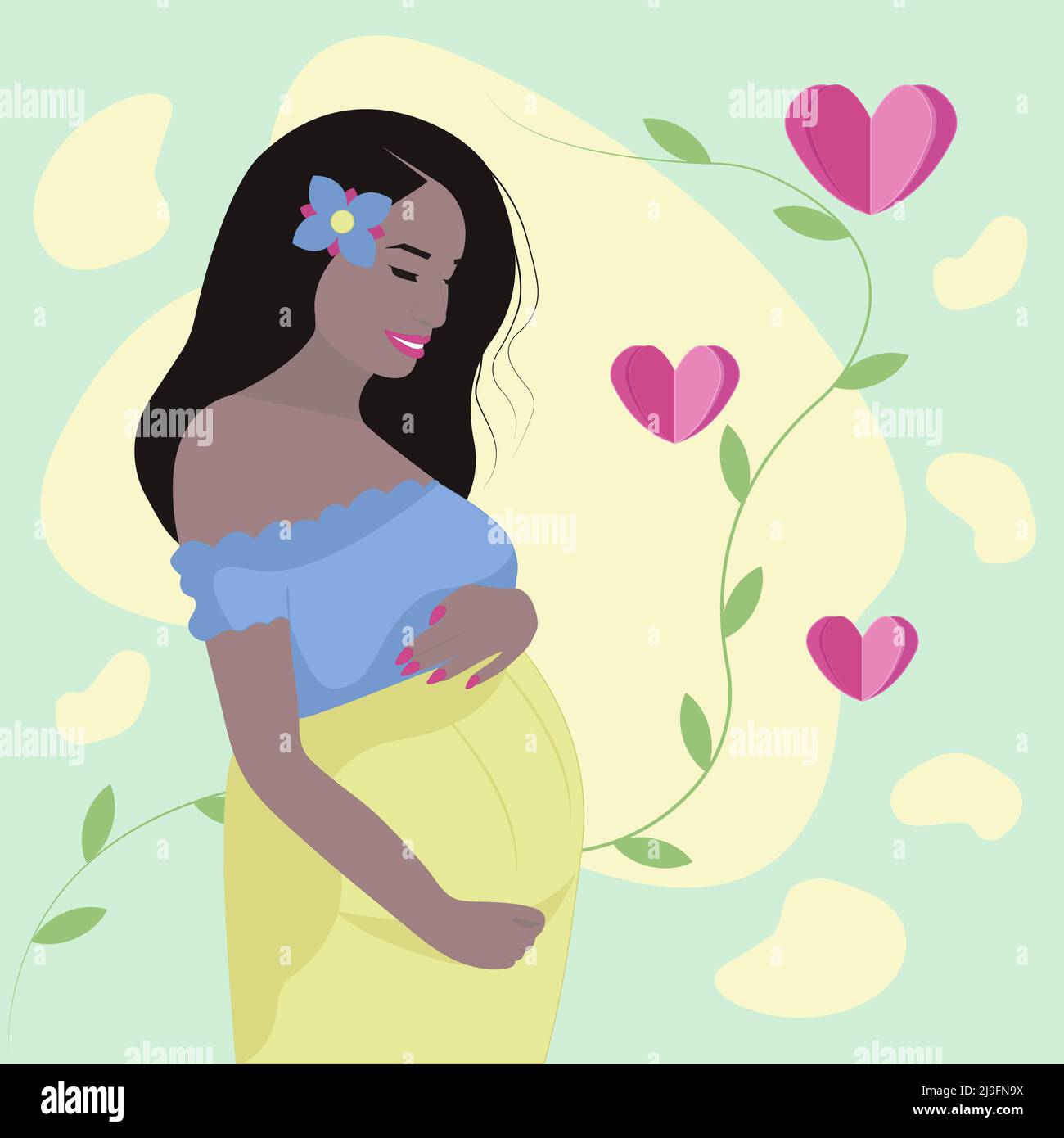 Schwanger Frau, Brünette. Vektorgrafik mit Boho-Stil Akzenten und Papierschnitt-Effekte Stock Vektor