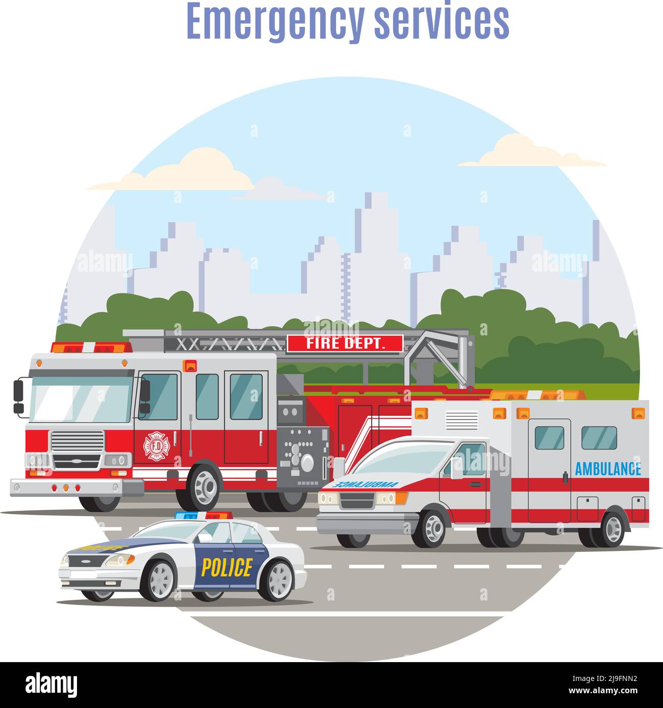 Buntes Notfall-Stadtverkehrskonzept mit Feuerwehrauto-Ambulanz und Polizei Autos auf Straße Vektor-Illustration Stock Vektor