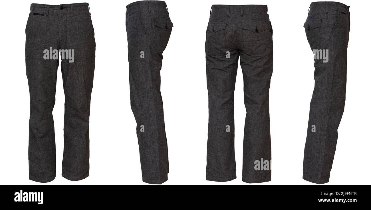 Grau-graue Casual-Hose, Ausschnitte in vier Richtungen, vorne, hinten, links und rechts, weißer Hintergrund Stockfoto