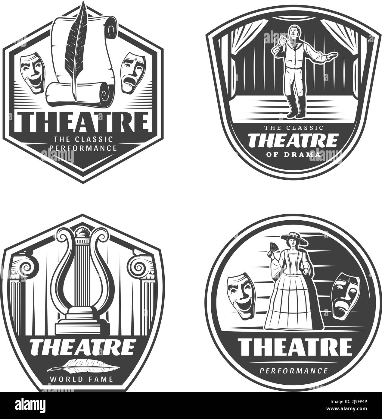 Vintage klassischen Theater Embleme mit Maskerade Masken Schauspieler auf gesetzt Bühne Papier Scroll und Harfe isoliert Vektor-Illustration Stock Vektor