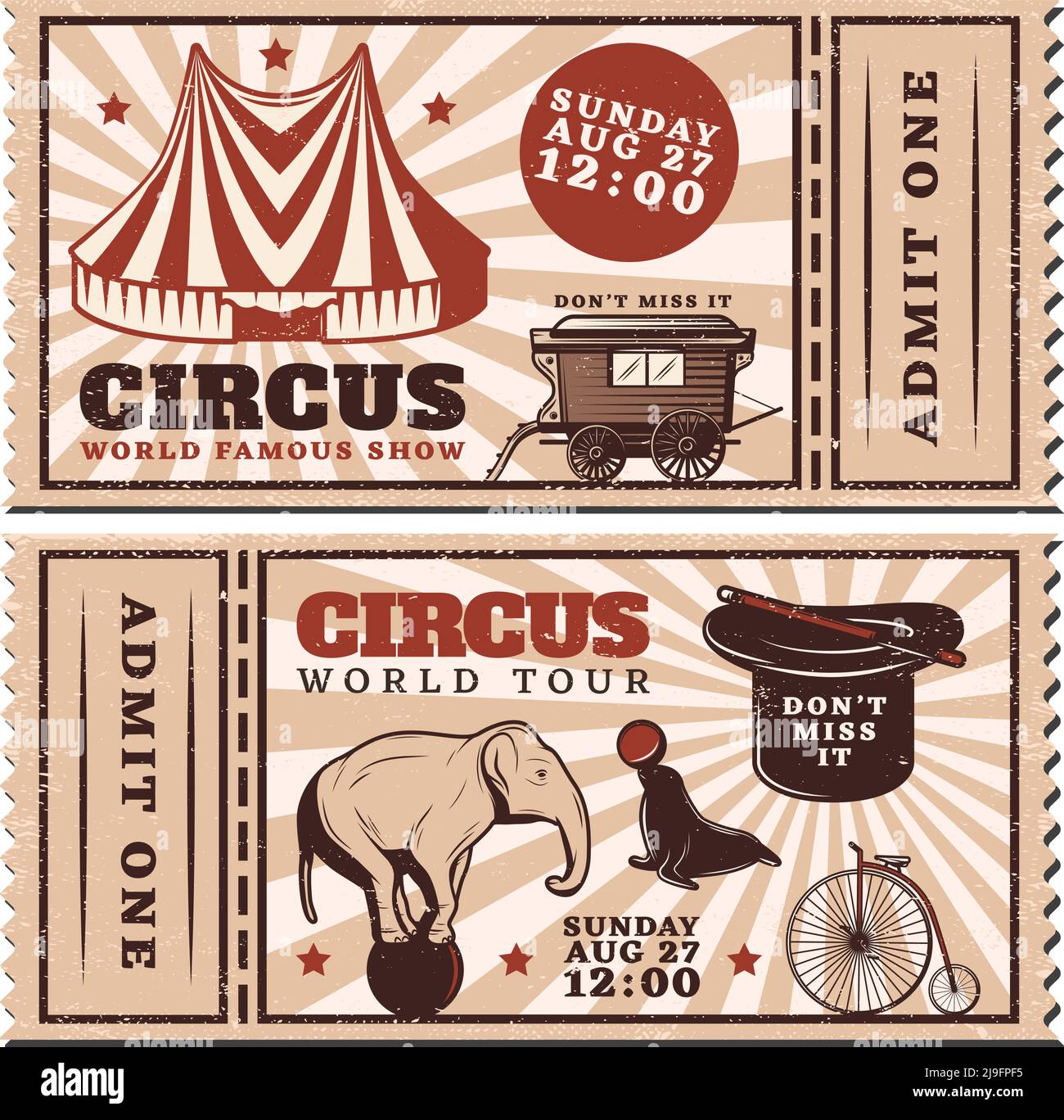 Vintage Zirkus Show Werbung horizontale Tickets mit Zelt Wagen trainiert Tiere Fahrrad Zauberstab und Hut Vektor Illustration Stock Vektor