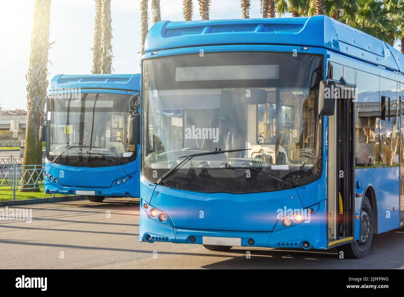Zwei blaue Stadtbusse am Busbahnhof warten darauf, dass die Passagiere zur Route abfahren Stockfoto