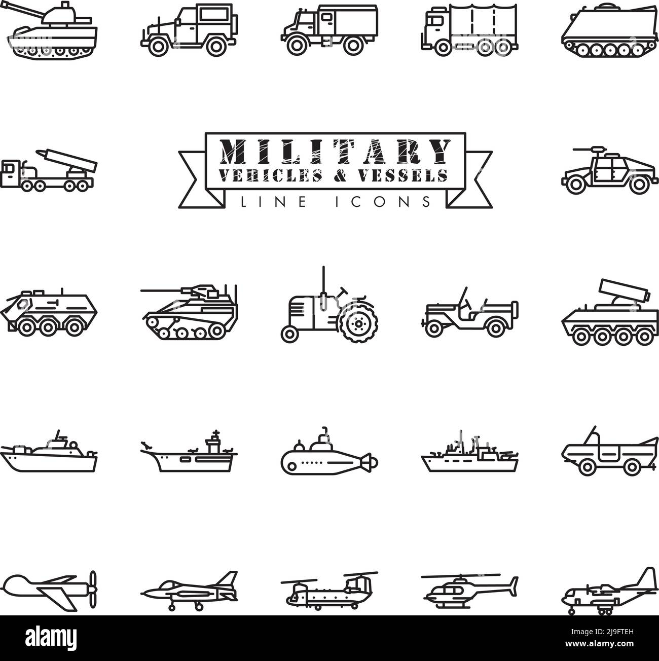 Sammlung von Militärfahrzeugen, Flugzeugen und Schiffen Linie Symbole. Satz von Verteidigungsindustrie skizzieren Symbole Stock Vektor