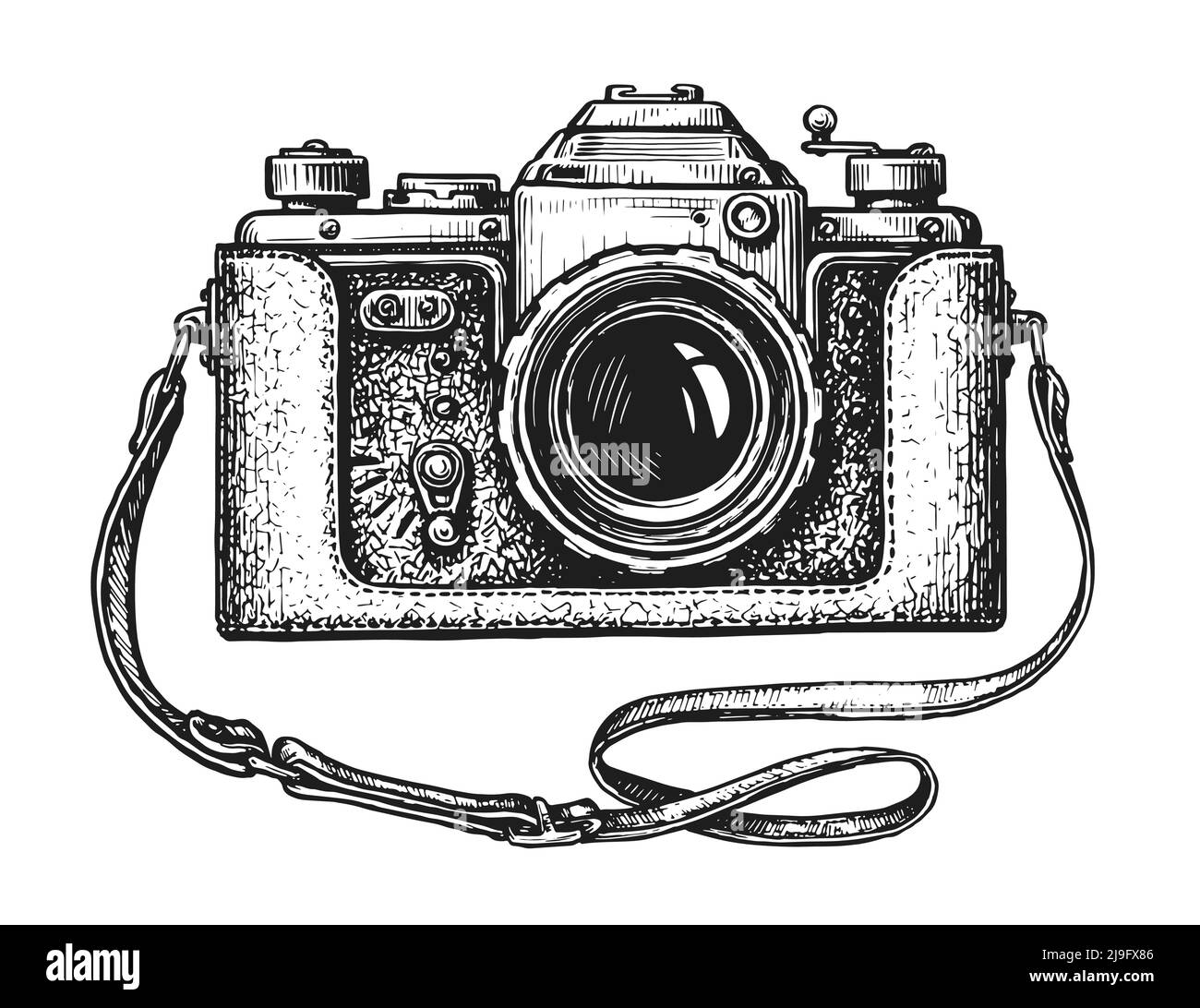 Handgezeichnete Retro-Kamera. Vintage Vektor Illustration in Skizzengravur Stil Stock Vektor