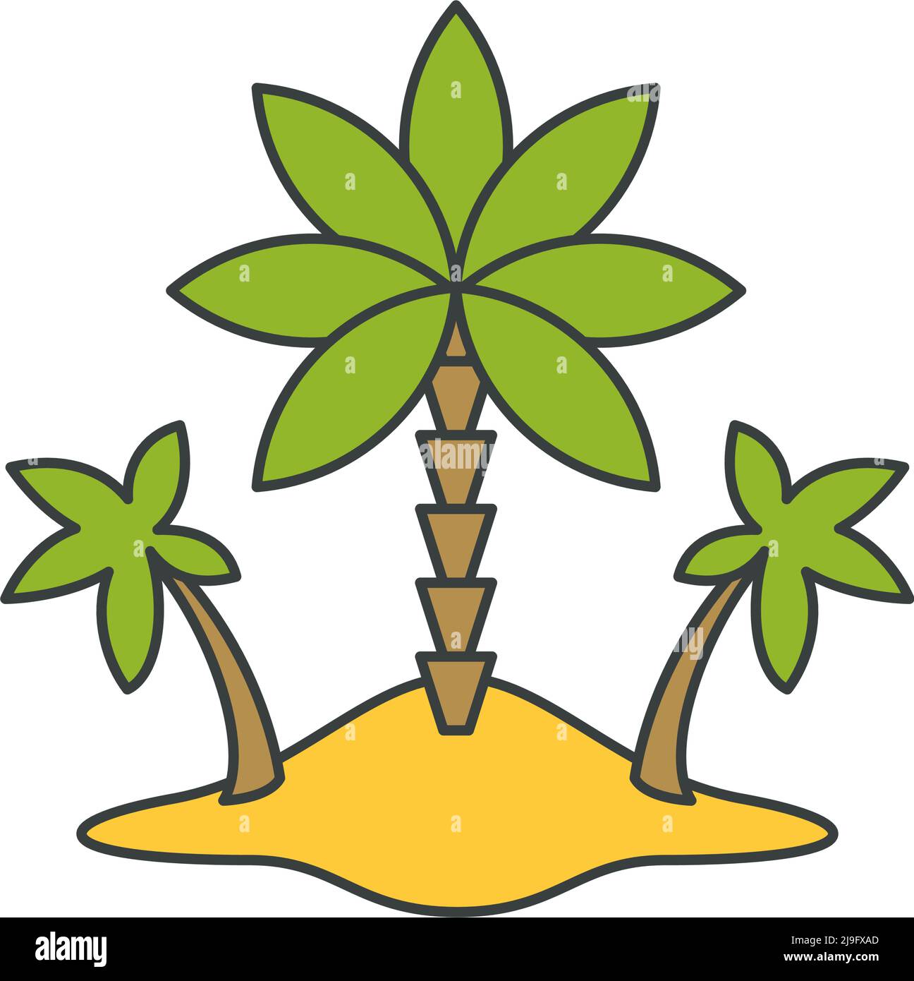 Unbewohnte Sandinsel mit drei Palmen Sommer Reise Urlaub Pop Art groovy Stil Vektor Cartoon Illustration. Ozean tropische Landschaft Meer re Stock Vektor