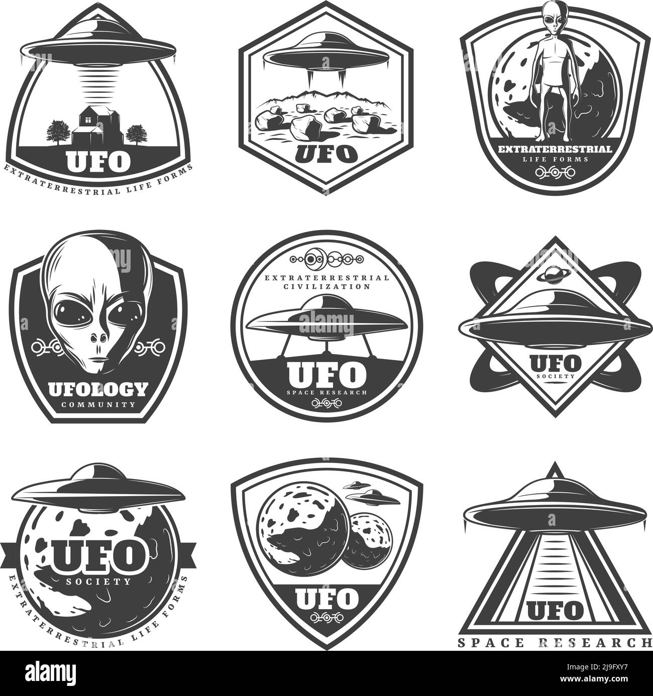 Vintage monochrome UFO-Etiketten mit fremden Raumschiffen unbekannten Planeten gesetzt Außerirdisches Leben bildet isolierte Vektor-Illustration Stock Vektor