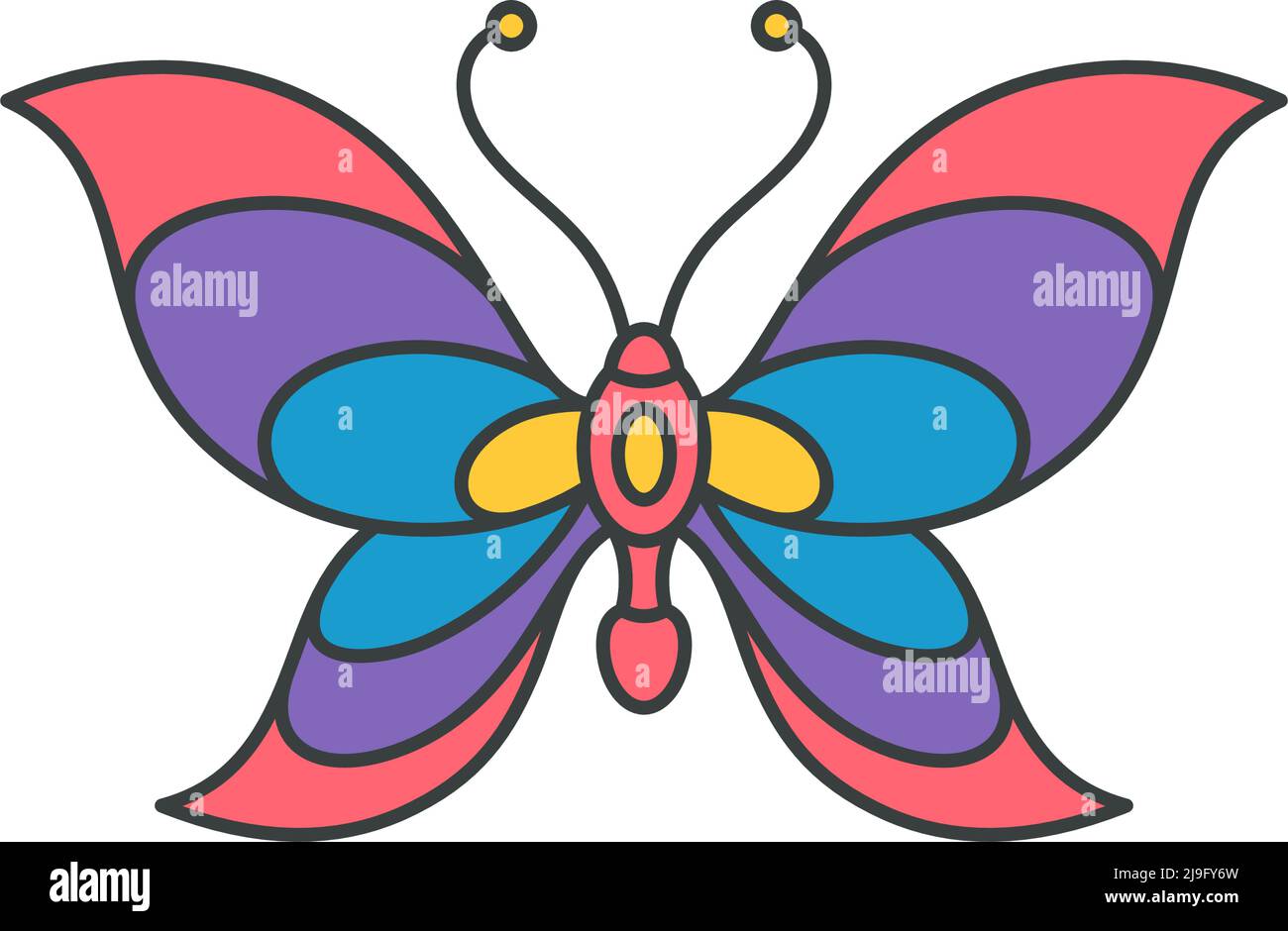 Abstrakt bunten Sommer Regenbogen gestreiften Schmetterling mit offenen Flügeln und Antennen Pop Art groovy Stil dekorative Aufkleber Vektor Cartoon illustrative Stock Vektor