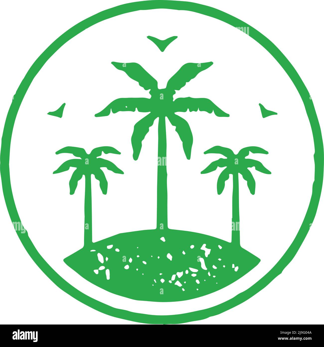 Unbewohnte Meerinsel mit Palmen Dschungel und fliegenden Möwen grünen Kreis Logo Grunge Textur Vektor Illustration. Wilde Natur Landschaft tropisch Stock Vektor