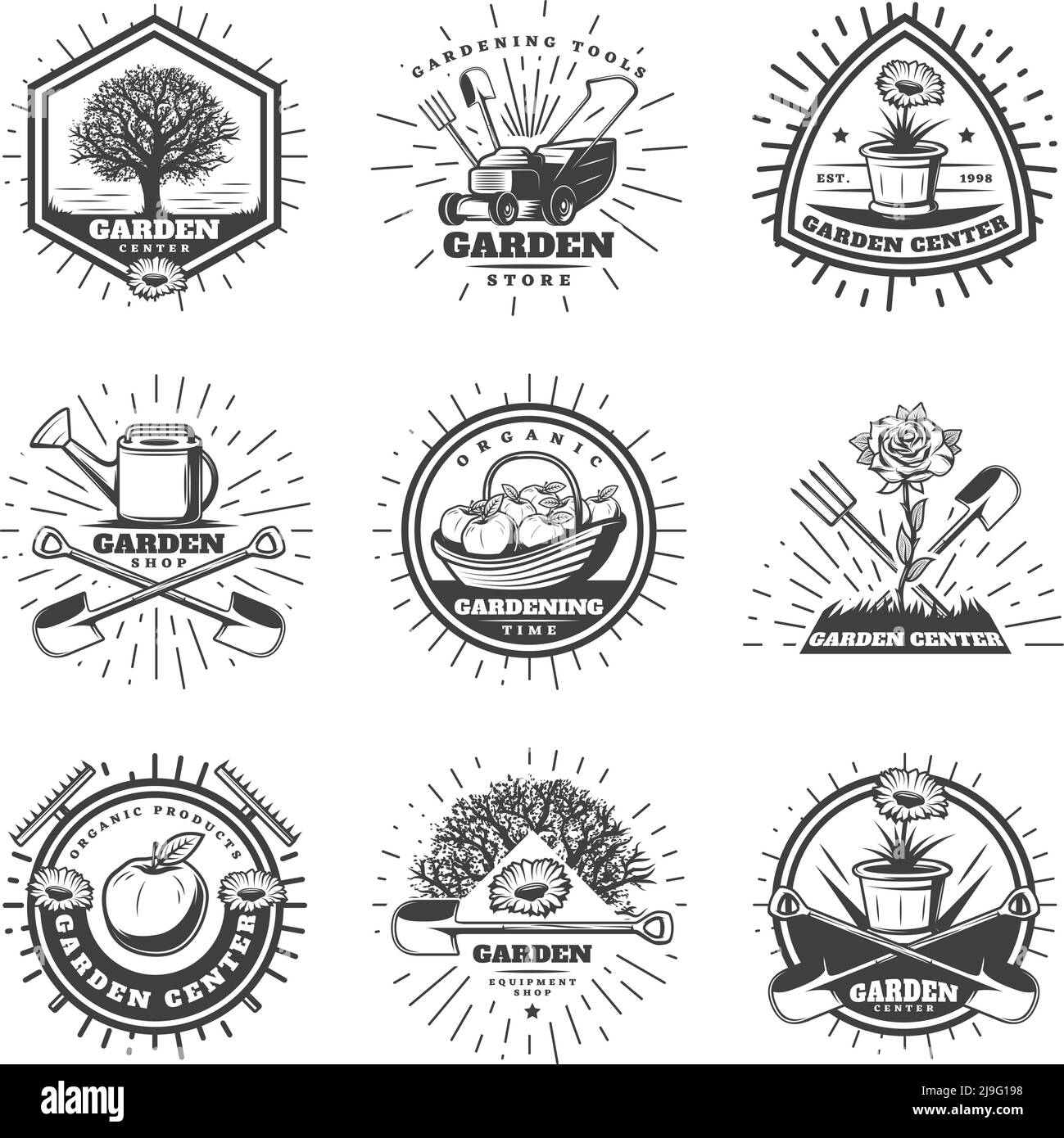 Vintage monochrome Gartenarbeit Logos mit landwirtschaftlichen Geräten Arbeitswerkzeuge gesetzt apfelbaum Blumen Sonnenburst isoliert Vektor-Illustration Stock Vektor