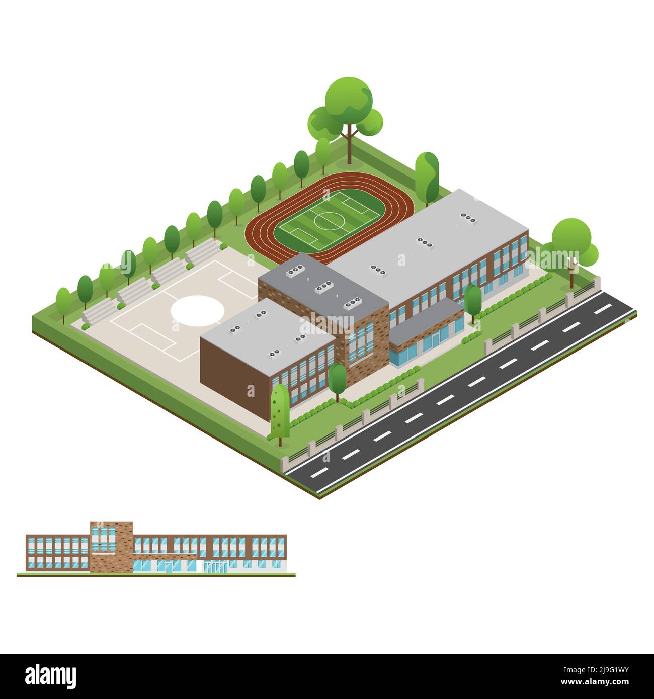 3D modernes Gebäude und Schule mit Umwelt Baum, Zaun und Straßen, Isometrie der Universität oder moderne Gebäude und Architektur, Flat Office, Schule Stockfoto