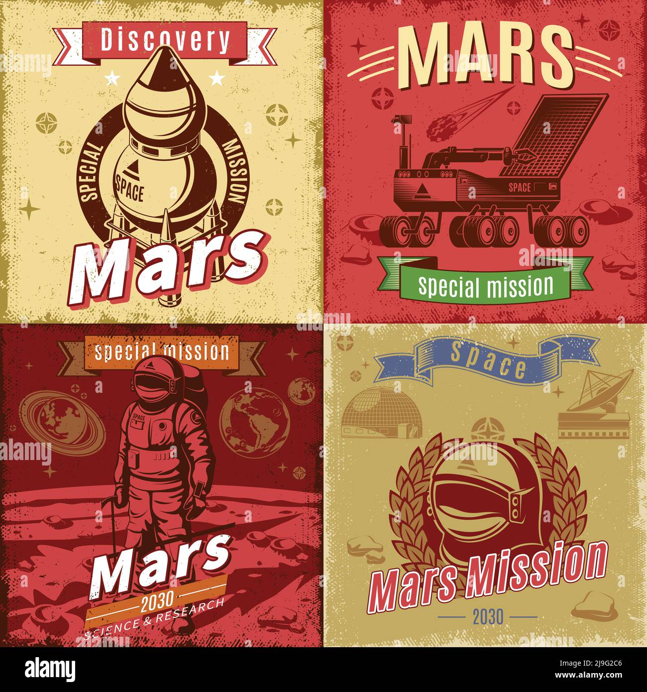 Vintage farbigen Raum Forschungskarten mit Inschriften Raumschiff Rover gesetzt Helm und Kosmonauten auf Mars Planeten Landschaft Vektor Illustration Stock Vektor