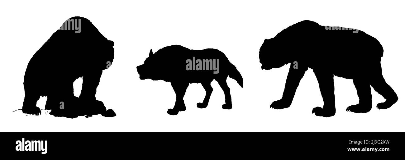 Prähistorische Raubtiere - Höhlenbär, schrecklicher Wolf und kurzgesichtige Bären. Zeichnung mit ausgestorbenen Raubtieren. Silhouettenzeichnung mit Wolf und Bär. Stockfoto
