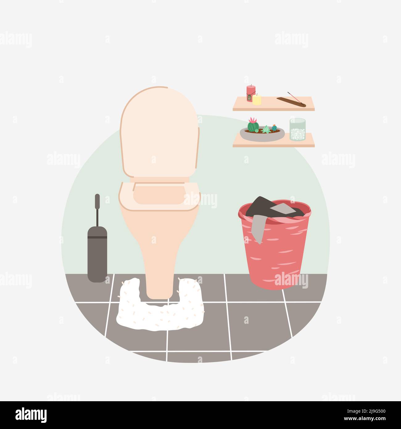 Badezimmer, WC oder WC Innenraum mit Sanitärtoilette Keramik-Schüssel, Wäschekorb Stock Vektor
