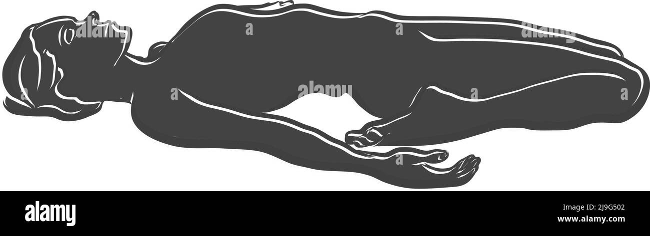Schwarze Virasana Supta Yoga Pose Outline-Ikone. Vektorgrafik von Hand. Weiße Linien isoliert auf schwarzer Form. Stock Vektor