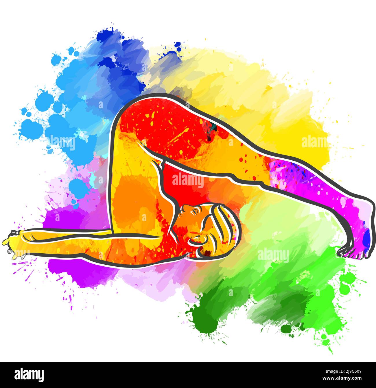 Farbenfrohe Halasana Plough Yoga-Pose. Handgezeichnete Vektorgrafik. Zentriertes Layout für Web- und Druckzwecke. Stock Vektor