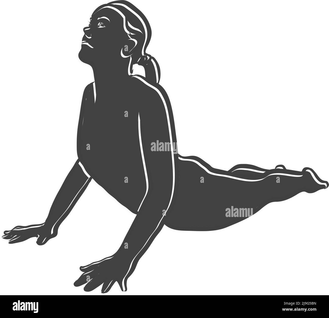 Schwarze Bhujangasana Cobra Yoga Pose Outline-Ikone. Vektorgrafik von Hand. Weiße Linien isoliert auf schwarzer Form. Stock Vektor