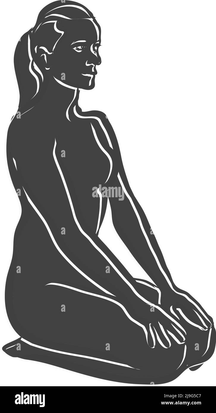 Schwarzes Vajrasana Thunderbolt Yoga Pose Outline-Symbol. Vektorgrafik von Hand. Weiße Linien isoliert auf schwarzer Form. Stock Vektor