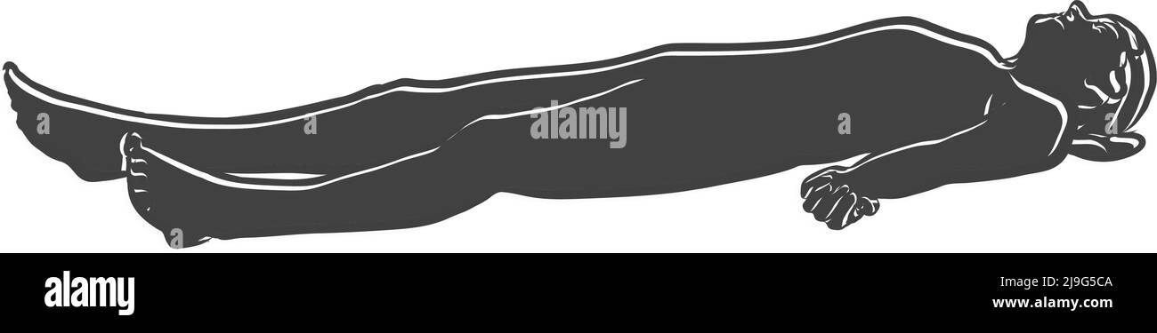 Symbol Für Die Schwarze „Savasana Corpse Yoga Pose Outline“. Vektorgrafik von Hand. Weiße Linien isoliert auf schwarzer Form. Stock Vektor