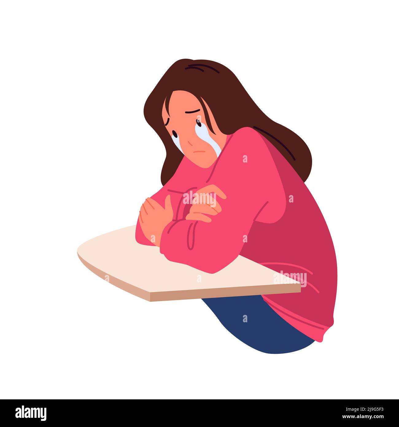 Unglückliches Mädchen weinte und saß am Tisch Stock Vektor