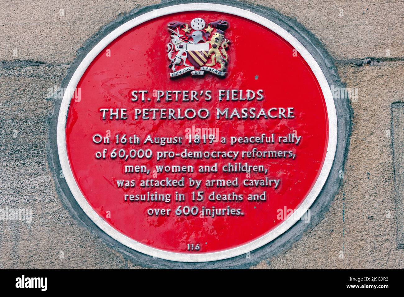 Peterloo Massaker Red Plaque, Manchester Stockfoto Peterloo Massaker Red Plaque, Manchester Stockfoto