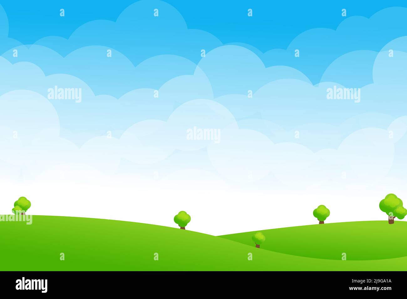 Malerische Landschaft von grünen Wiese vor Wolke und blauem Himmel, abstrakter Hintergrund natürlichen Feld Vektor-Illustration Stockfoto
