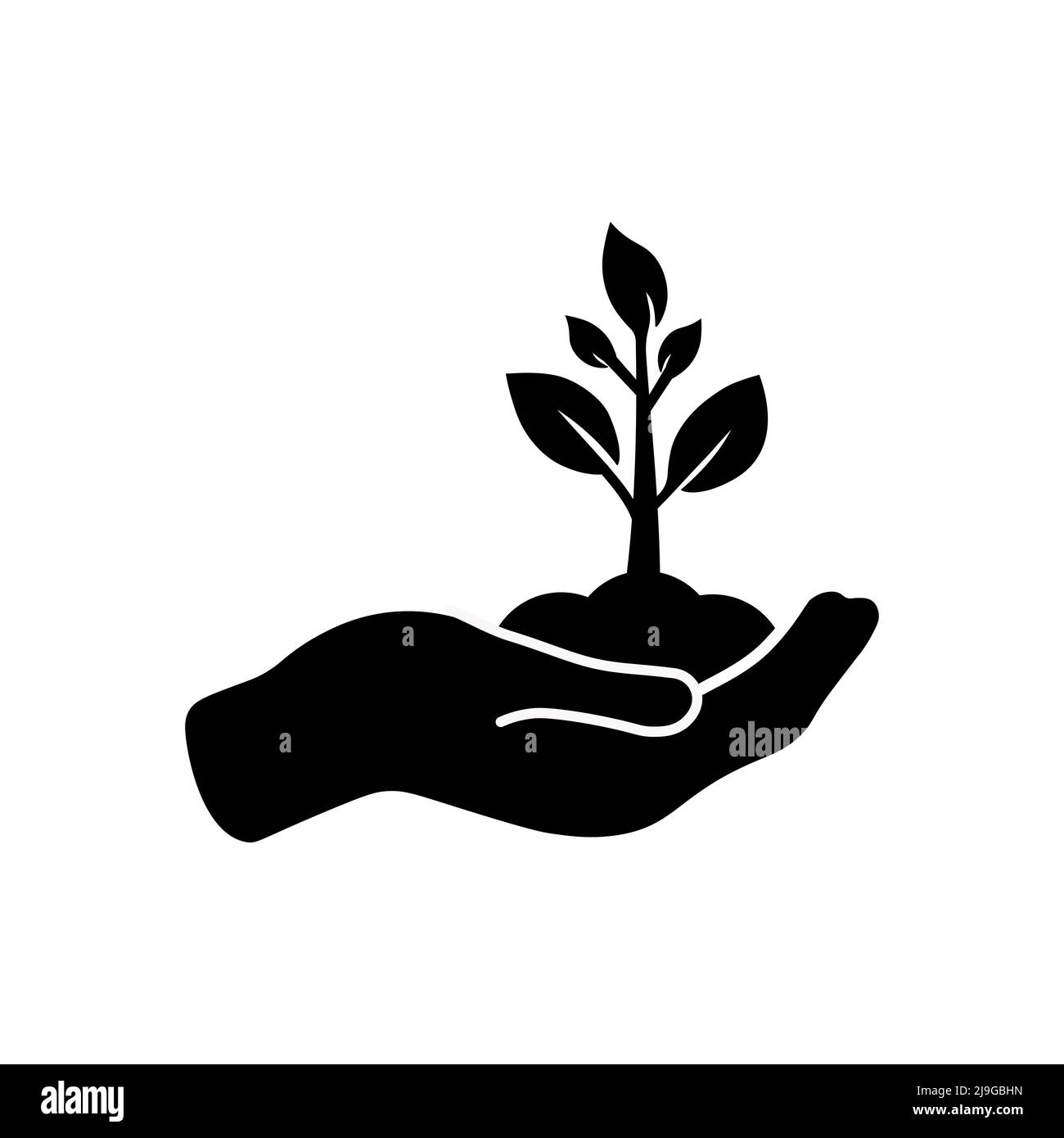Hand hält Sämlinge mit Blättern oder Handfläche mit Sprossen, Ökologie-Symbol in schwarz auf einem isolierten weißen Hintergrund. Stock Vektor