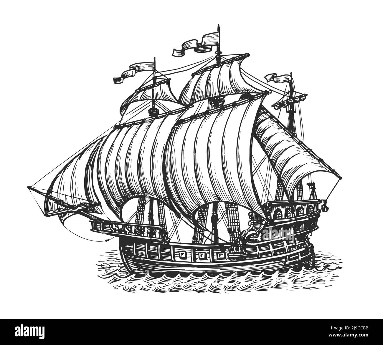 Skizze eines alten Segelschiffs. Nautisches Konzept. Handgezeichnete Vektorgrafik im Vintage-Gravurstil Stock Vektor