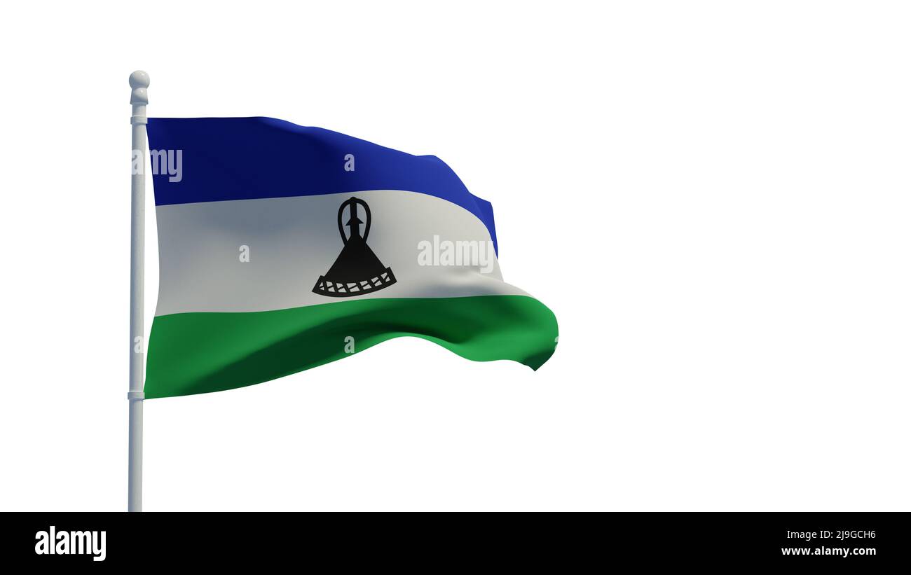 Nationalflagge des Königreichs Lesotho, winkend im Wind. 3D Rendering, CGI-Illustration Stockfoto