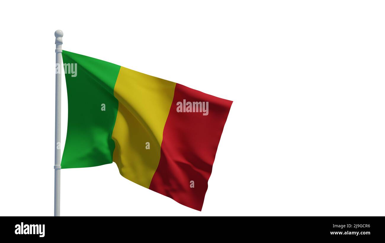Nationalflagge der Republik Mali, winkend im Wind. 3D Rendering, CGI-Illustration Stockfoto