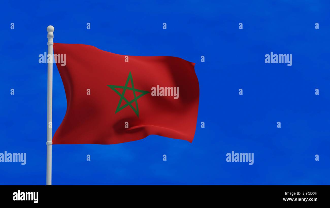 Nationalflagge des Königreichs Marokko, winkt im Wind. 3D Rendering, CGI-Illustration Stockfoto