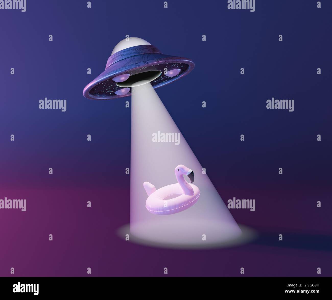 3D Illustration der fliegenden Untertasse mit Lichtstrahl zu stehlen rosa Flamingo geformt schweben vor violettem Hintergrund Stockfoto
