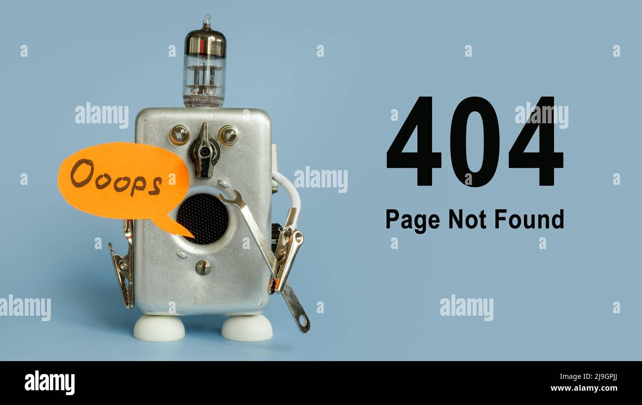 Lustige 404 Seiten. Ein alter Roboter-Reparaturmann für Lampen. Stockfoto