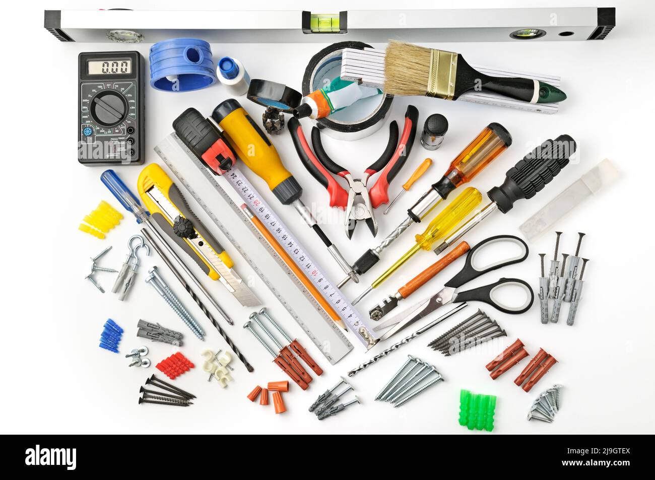 Draufsicht Werkzeuge für Reparatur und Bau auf weißem Hintergrund Stockfoto