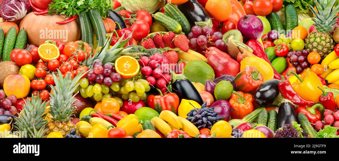 Collage frisches, leckeres Gemüse und Obst. Natürlicher, heller Panoramafenster. Stockfoto