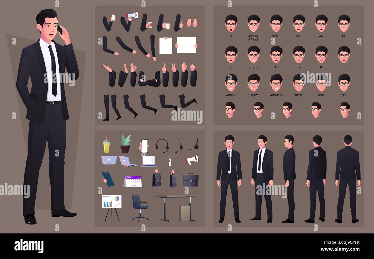 Figur-Konstrukteur mit Business-Mann in schwarzem Anzug. Handgesten, Emotionen, Lip Sync und einige Office-Elemente Stock Vektor