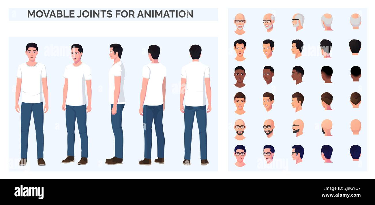 Zeichentrickfilm-Charaktererstellung mit einem Casual man, der weißes T-Shirt und blaue Jeans trägt, vorne, hinten und Sideview mit mehreren Rassen und Ethnien Stock Vektor