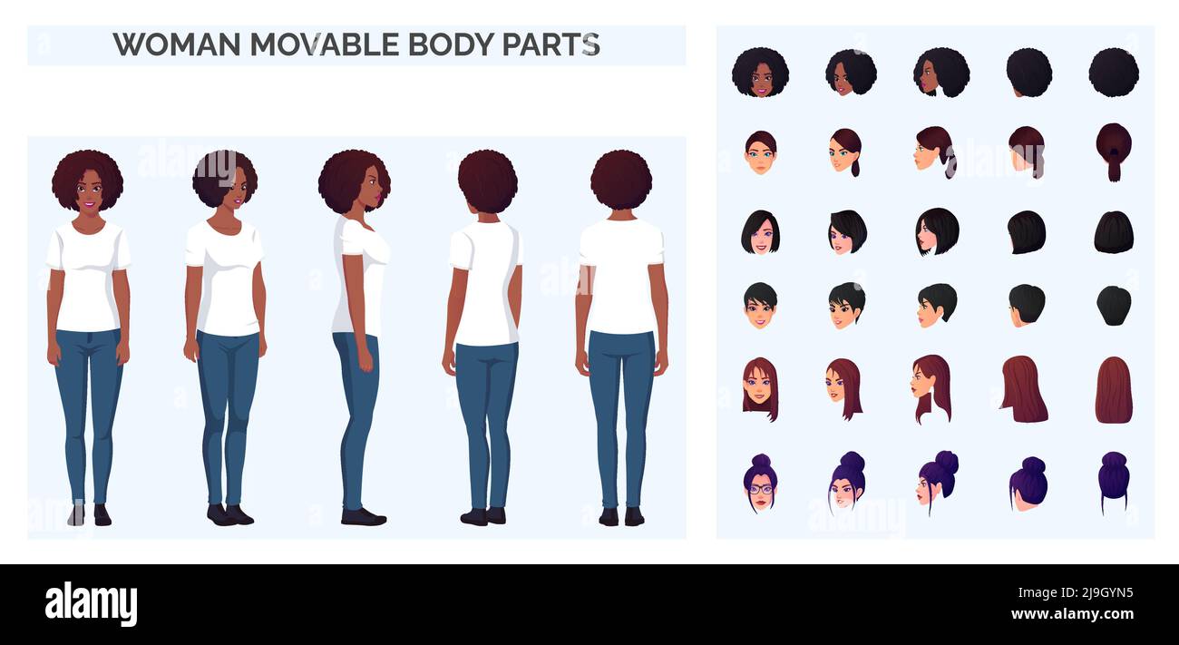Cartoon Charakter Schaffung mit einer Frau trägt Casual White T-Shirt und Blue Jeans, vorne, hinten und Sideview multikulturellen Satz . Stock Vektor