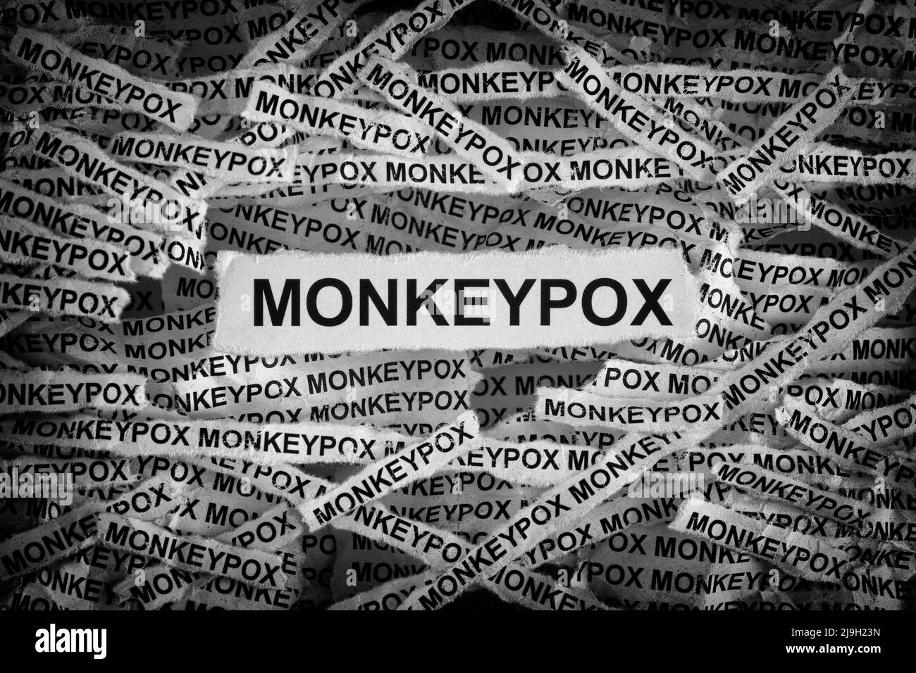Die Streifen der Zeitung mit dem Wort monkeypox, das auf ihnen getippt wurde. Monkeypox ist eine Infektionskrankheit, die durch das Monkeypox-Virus verursacht wird. Schwarz und Weiß. Nahaufnahme Stockfoto