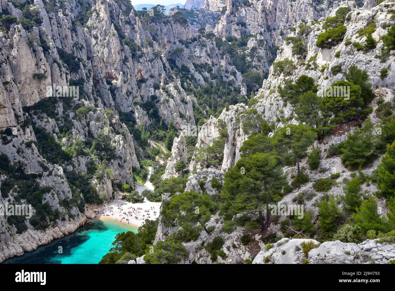 Badestrand in der Calanque d'en-Vau bei Cassis an der Côte d'Azur in der Provence, Frankreich, Europa Stockfoto