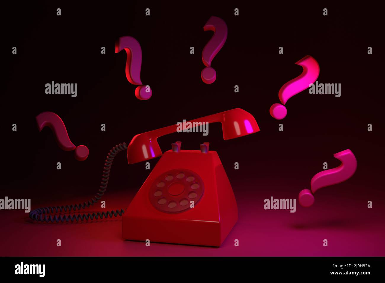 Unbekanntes Anrufkonzept. Retro-Telefon in roter Farbe mit Fragezeichen. 3D Rendern. Stockfoto